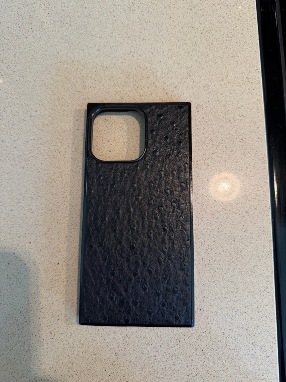 iPhone 15 Pro Max Phone Case. Flaunt Square Black Ostrich Faux Leather